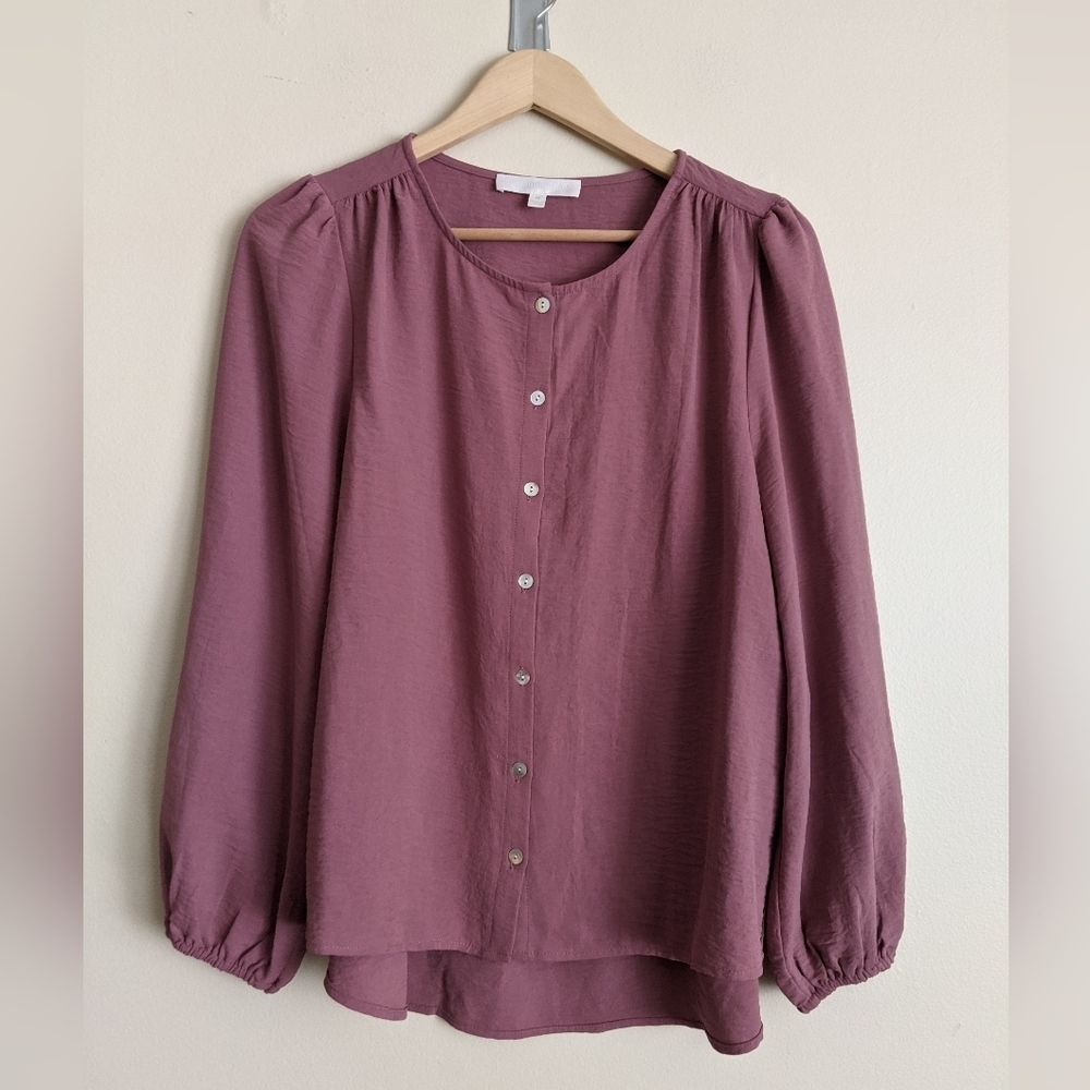 Adyson Parker Button Up Shirt Boxy Silky Round Neck Puff Black Sizem Mauve